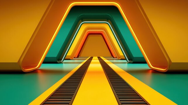 Futuristic geometric tunnel with yellow and green accents and glowing orange lights corridor pathway