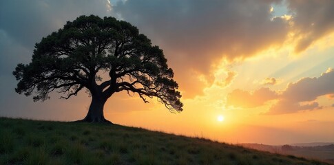 A single, ancient oak tree standing strong on a windswept hill, its branches reaching out to embrace the vast, cloud filled sky. A solitary, ancient oak tree with gnarled branches reaching upwards. It