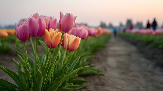 Vibrant pink and orange tulips bloom in rows along a dirt path at twilight bathed in soft light