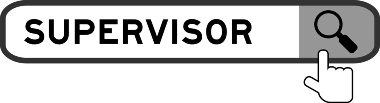 Search banner in word supervisor with hand over magnifier icon on white background