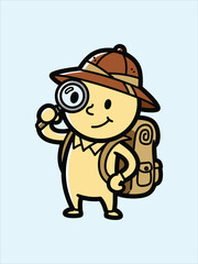 Naklejka premium Cartoon Explorer Character with Magnifying Glass and Backpack - Adventure Concept
