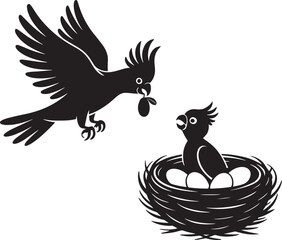 Black silhouette of cockatoo family parent bird feeding chick in nest with eggs on transparent background vector