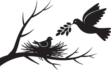 Black silhouette of dove family with nesting bird and flying parent bird carrying olive branch on transparent background vector