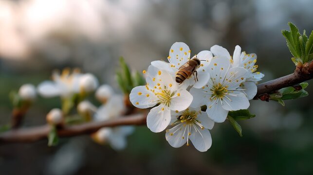 A bee visits delicate white blossoms on a branch at twilight highlighting the beauty of nature s pollination