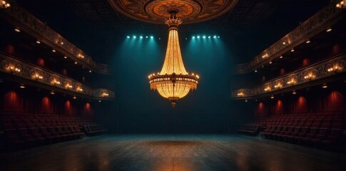 Intricate chandelier glowing softly above a vast, empty opera house auditorium, emphasizing scale and elegance. A highly detailed, ornate chandelier hanging in the center of a vast, empty opera house