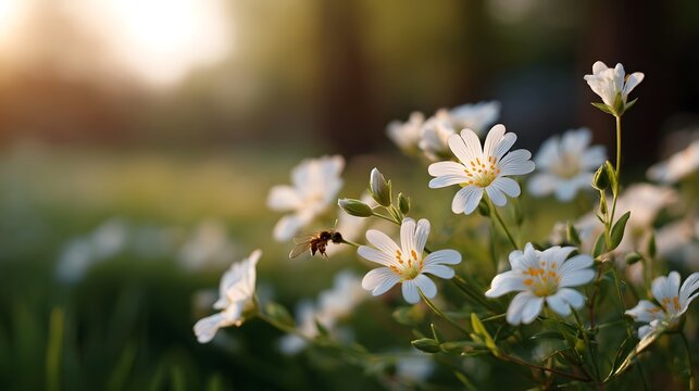 A delicate bee collects pollen from white blossoms in a sunlit meadow during golden hour with soft bokeh