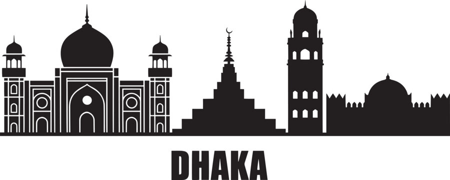 Dhaka city skyline vector silhouette featuring famous landmarks and iconic architecture of bangladesh capital