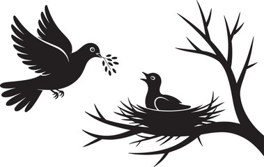 Dove bird flying with twig to nest on bare tree branch silhouette vector illustration nesting theme