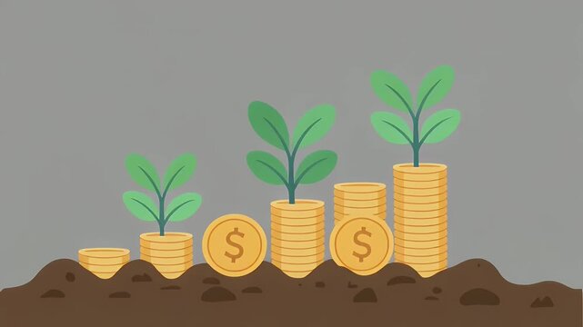 Financial growth concept with increasing stacks of coins and growing green plants illustration