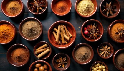 Fototapeta premium Spices and Dried Fruits Arranged in Decorative Middle Eastern Bowls on a Textured Surface A top down view of several decorative, richly colored Middle Eastern ceramic bowls filled with a vibrant