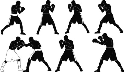 Boxing silhouette athletes training in multiple fighting stances, sports vector illustration showing punches, defense, sparring movements, martial fitness action poses
