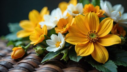 Sun drenched woven textures and natural summer elements, evoking warmth and organic beauty. Abstract macro shot of a textured woven surface, deeply embedded with fresh, dew kissed summer wildflowers