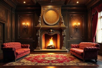 Elegant living room with a fireplace, luxurious textiles, and sophisticated decor, exuding warmth. An elegant living room featuring a beautifully lit fireplace as the focal point. Luxurious textiles