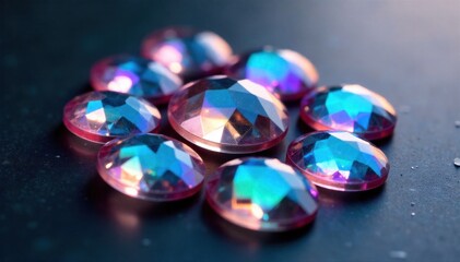 Abstract composition of iridescent semiprecious gemstone slices, creating a mesmerizing play of light and color. An abstract, macro photograph featuring overlapping, thinly sliced iridescent