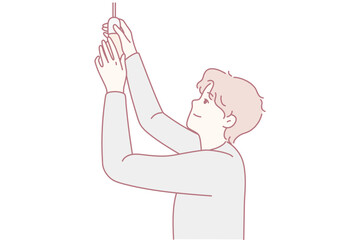 Man put lightbulb indoors. Male screw light bulb on ceiling. House renovation and repair. Generating business idea concept. Vector illustration.