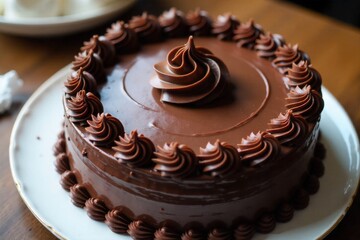Decadent Chocolate Birthday Cake with Swirled Icing and Sprinkles, Close up Close up overhead shot of a dark chocolate birthday cake with generous swirls of glossy chocolate icing. Colorful nonpareil