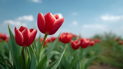 Vibrant red tulips with white edges stand tall in a sunny field under a blue sky