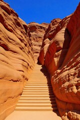 Desert Majesty Ancient Stone Stairs Carved into a Vibrant Colorado Canyon Wall A weathered, ancient stone staircase carved directly into the vibrant red sandstone wall of a Colorado desert canyon. The