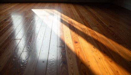 Shiny hardwood floor with sunlight reflecting, hinting at a recently cleaned surface. A wide shot of a perfectly polished, dark hardwood floor. A bright sunbeam streams in from an unseen window,