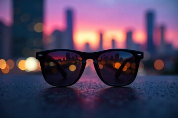 Reflective lenses capturing abstract cityscapes, hinting at stylish observation without presence. Close up, macro shot of a pair of high fashion sunglasses, focusing on the reflective lenses. The