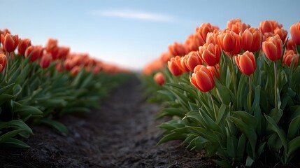 A vibrant field of orange tulips stretches into the distance under a clear sky