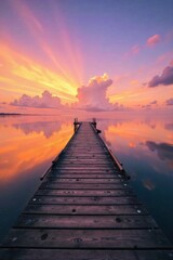 A rustic wooden pier extending into a calm lake, reflecting the setting sun and serene evening sky. A long, rustic wooden pier juts out into a perfectly calm lake. The setting sun casts a vibrant