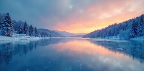 Frozen Snowscape Under a Twilight Sky A photorealistic image of a frozen lake surrounded by snow covered trees at twilight. Focus on the stillness and beauty of the winter scene.