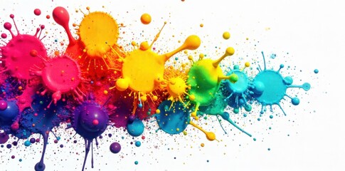 Abstract Splatters of Vibrant Paint An abstract explosion of vibrant, multi colored paint splatters against a clean white background. No objects, no people, pure color and motion.