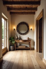 Warm Foyer with Rustic Wood Elements and Cozy Atmosphere A full length view of a cozy, inviting foyer. Walls feature exposed wooden beams with a warm, aged finish. A rustic wooden console table holds