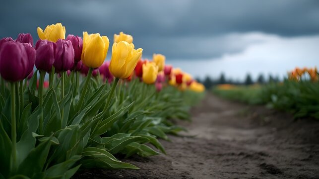 Rows of vibrant purple and yellow tulips stretch towards a dramatic cloudy sky in a spring field