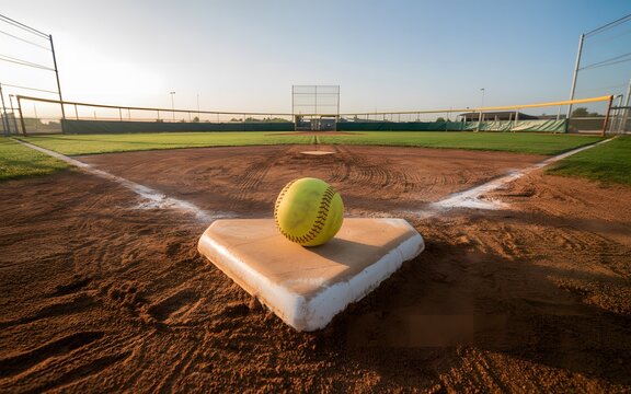 A bright yellow softball sits atop home plate on a baseball field on a sunny day