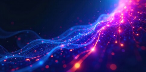 Abstract flow of digital information connecting different abstract nodes, symbolizing free upload and data transfer. Abstract visualization of glowing blue and purple energy streams flowing between