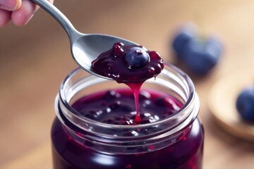 Blueberry Marmalade Serving Spoonful of Spread on a Cracker or Toast A close up shot of a silver spoon scooping a generous portion of glistening blueberry marmalade from a clear glass jar. The