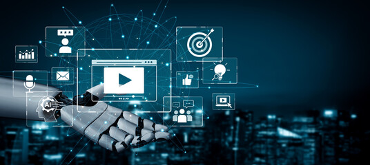 Naklejka premium AI drives video marketing success using content analytics, smart campaign tools, and engagement tracking to connect with audiences effectively. Artificial intelligence spline