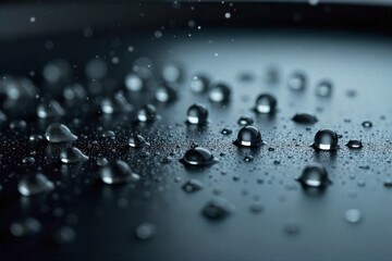 Macro View of Water Droplets Creating Circular Ripples on a Smooth Surface Extreme macro shot of several clear water droplets falling onto a perfectly smooth, dark, reflective surface. Each droplet