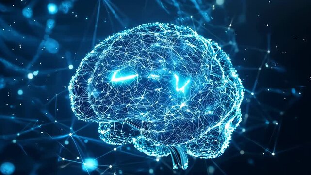 High-resolution digital illustration of a glowing neural network brain formed by interconnected nodes and lines, symbolizing artificial intelligence, data science, and technology