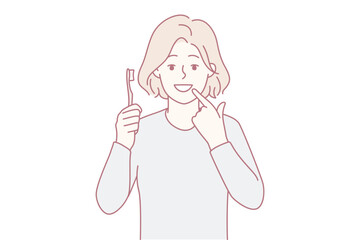 Smiling girl with toothbrush show at white clean teeth. Happy child recommend teeth brushing and oral care. Dental care concept. Vector illustration.