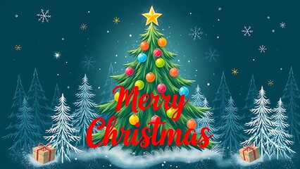 Festive christmas tree with colorful ornaments and gifts in a snowy winter landscape illustration