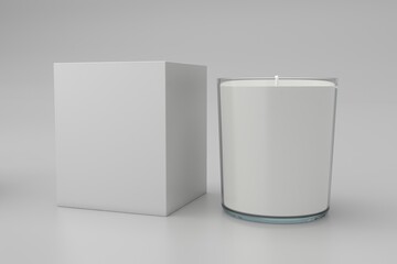 Modern candle mockup with clean white box for elegant branding or product presentation, minimalist design elements