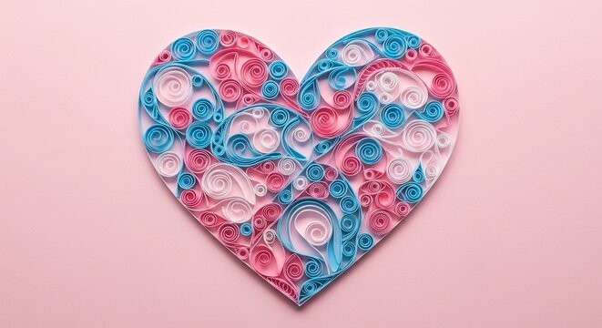 Intricate paper quilling heart design featuring deep red, pink, and cream swirls on a pink background. Romantic handmade craft for Valentine's Day.