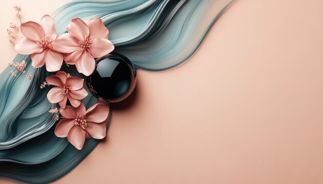 Softly colored blooms rest upon flowing, layered ribbons next to a reflective dark sphere on a muted background