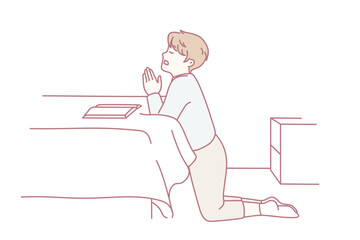 Small boy kneel in bedroom praying with hands join at home. Little child keep hands in prayer talking to God. Religion and faith. Vector illustration.