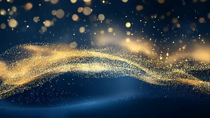 Abstract golden particle wave over a deep blue background, shimmering light trails and festive bokeh create a luxurious, dynamic backdrop for tech, finance and branding projects