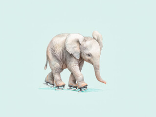 Obraz premium Cute baby elephant skating on ice with a playful expression in a whimsical illustration style