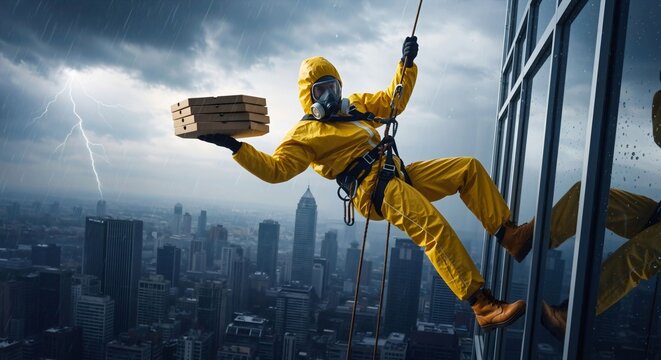 Person in a yellow hazmat suit rappelling down and delivers pizza boxes during a stormy lightning. Extreme delivery service concept.