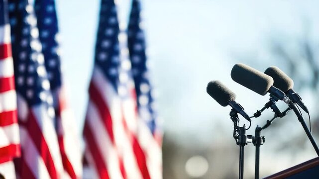Two microphones on a podium with American flags in the background, suitable for patriotic events or speeches