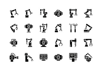 Collection of robotic arm vector icons. Minimalist solid glyph symbols for industry, technology, and automation. min (10)