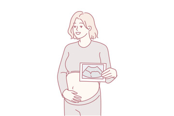 Smiling pregnant woman touch belly show scan of embryo. Happy future mom hold ultrasound picture of baby. Pregnancy and motherhood. Vector illustration.