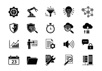 A minimal set of solid glyph icons representing concepts like data processing, machine learning, cloud computing, and digital security