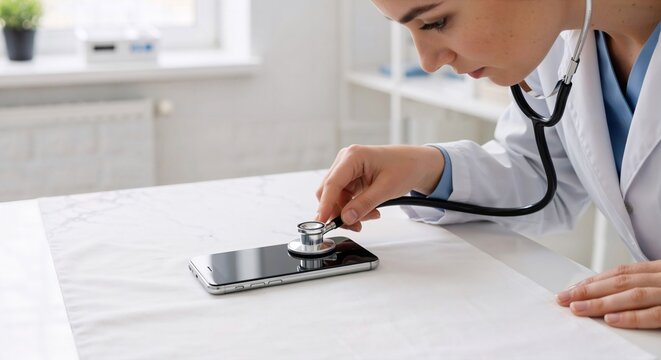 Woman doctor listening to a smartphone with a stethoscope. Concept of technology diagnosis, digital health, and mobile repair service.